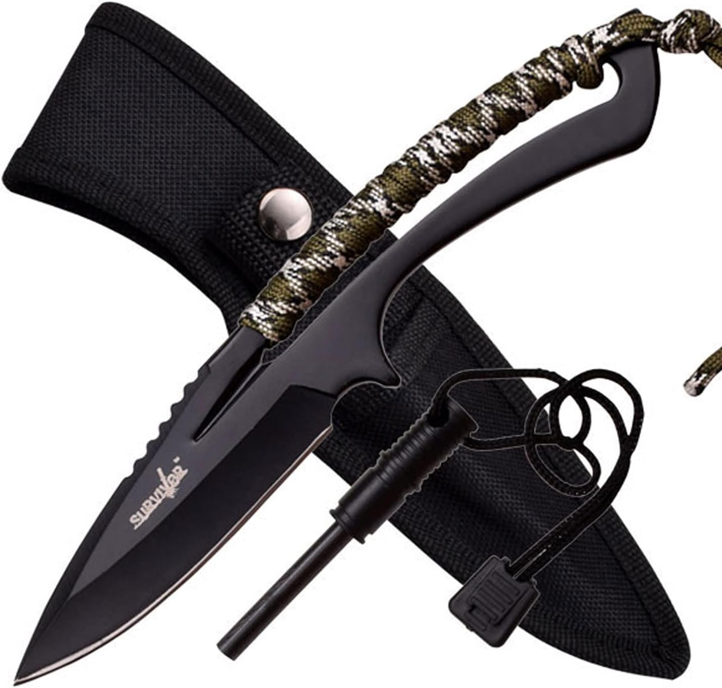 Survivor HK-767CA Fixed Blade Outdoor Knife, Black Blade, Cord-Wrapped Handle, 8-Inch Overall