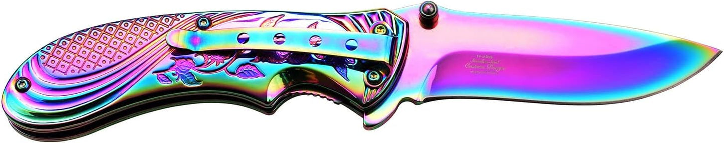 FEMME FATALE – Spring Assisted Open Folding Pocket Knife – Rainbow TiNite Coated Stainless Steel Blade and Handle w/Stamped Rose Design and Pocket Clip, EDC, Self Defense – FF-A008RB
