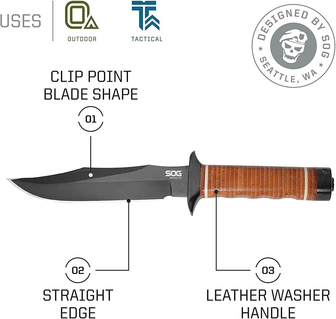 SOG Bowie 2.0 Fixed Blade Knife-Tactical Knife with 6.4 Inch Blade, Hunting Knife with Hard Case TiNi Coating and AUS-8 Steel, Leather Knife Sheath (S1T-L),Brown
