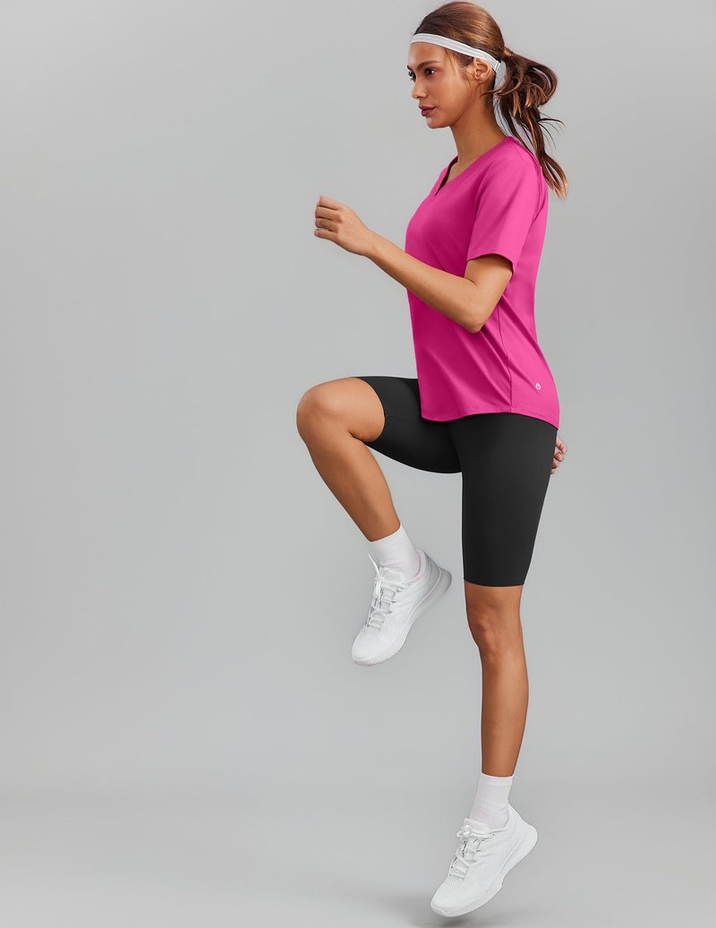 PINSPARK Womens Running Tops Short Sleeve V Neck Quick Dry Athletic Shirts Moisture Wicking Gym Workout T-Shirts Lightweight,Hot Pink Small