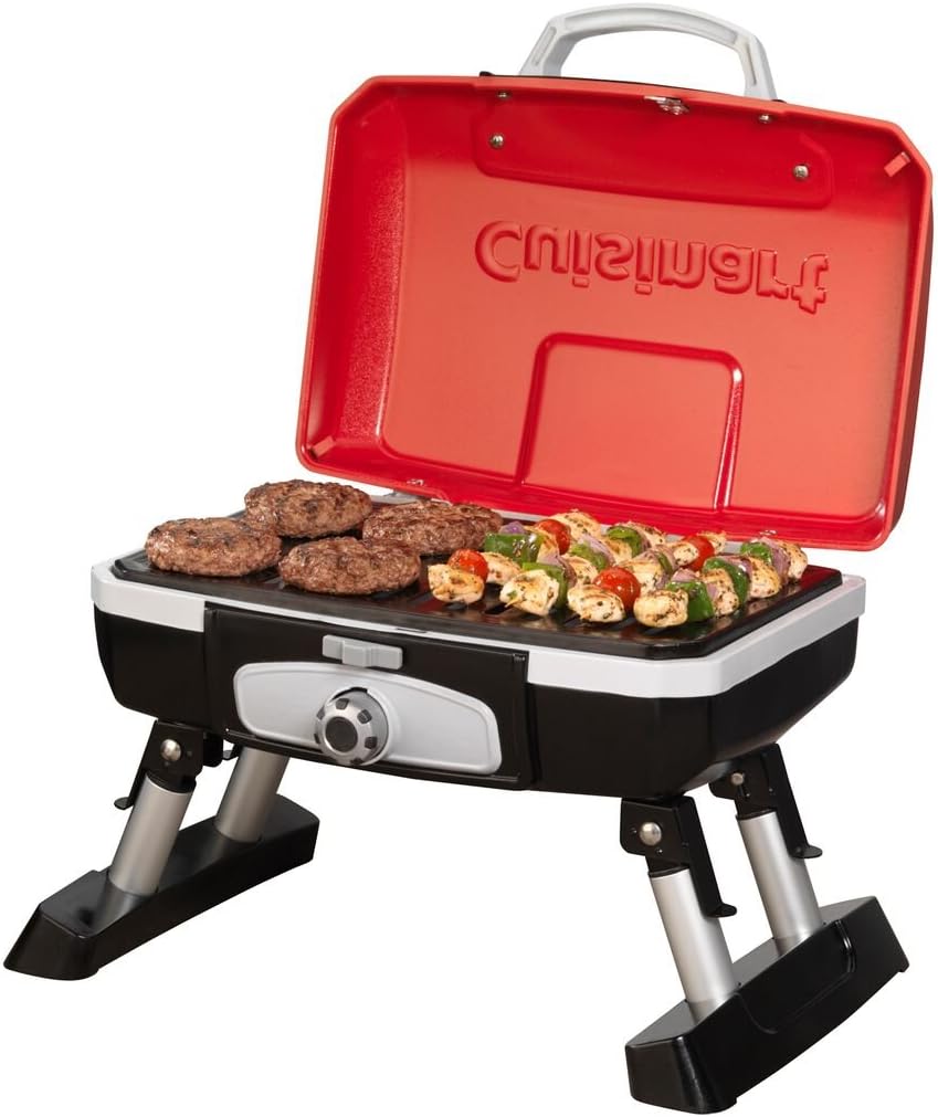 Cuisinart Petite Gourmet Portable Gas Grill, Compact Portable Grill Propane, 150 Sq. In. Cooking Surface, 5,500 BTU Burner Small Gas Grills for Camping, BBQ, Folding Legs and Carry Handles, Stainless
