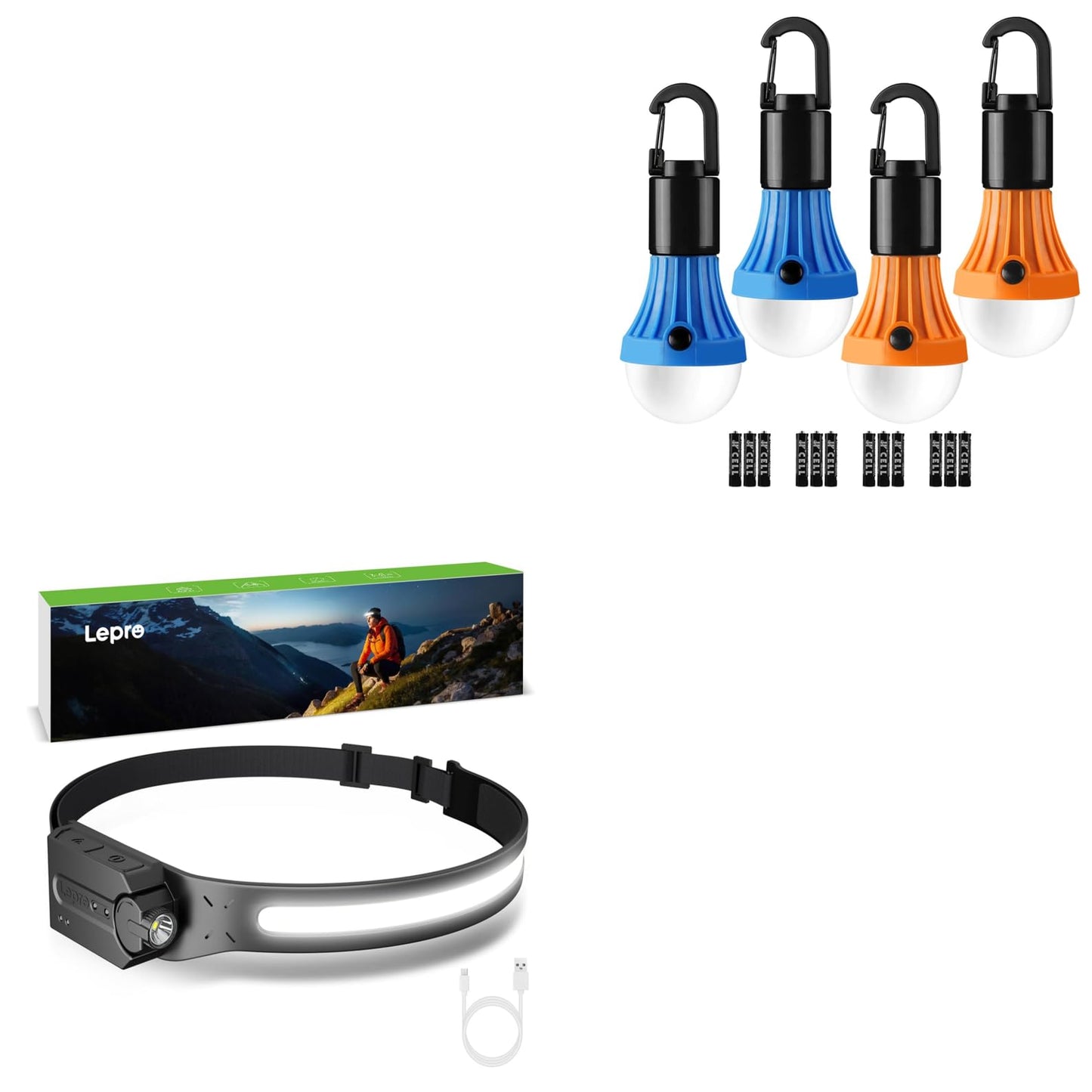 Lepro Bundle - 4 Packs Hanging Tent Light Bulbs with Clip Hook for Camping & 230°COB Wide Beam & Adjustable Spotlight, Waterproof Headlamp