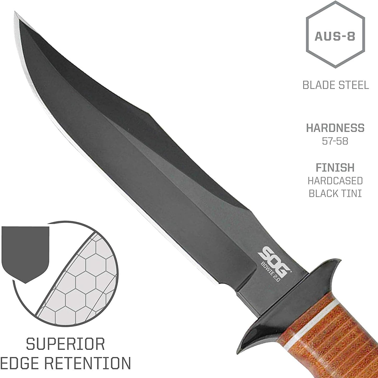 SOG Bowie 2.0 Fixed Blade Knife-Tactical Knife with 6.4 Inch Blade, Hunting Knife with Hard Case TiNi Coating and AUS-8 Steel, Leather Knife Sheath (S1T-L),Brown