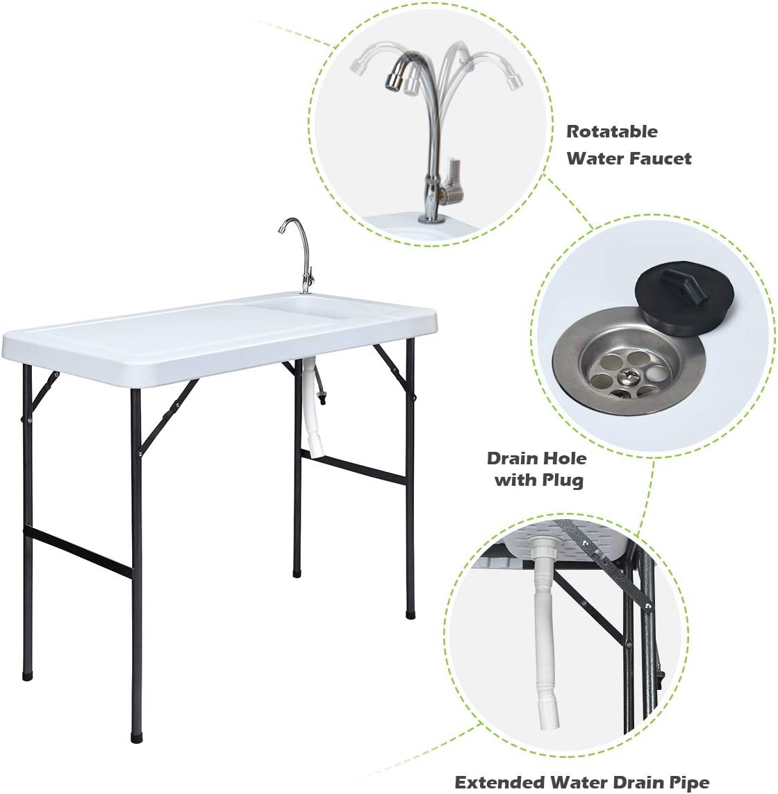 Giantex Fish Cleaning Table, Folding Table with Sink, Faucet and Drain Hose, Portable Outdoor Sink Station with Hose Hook Up, 45"x 23"x 37"