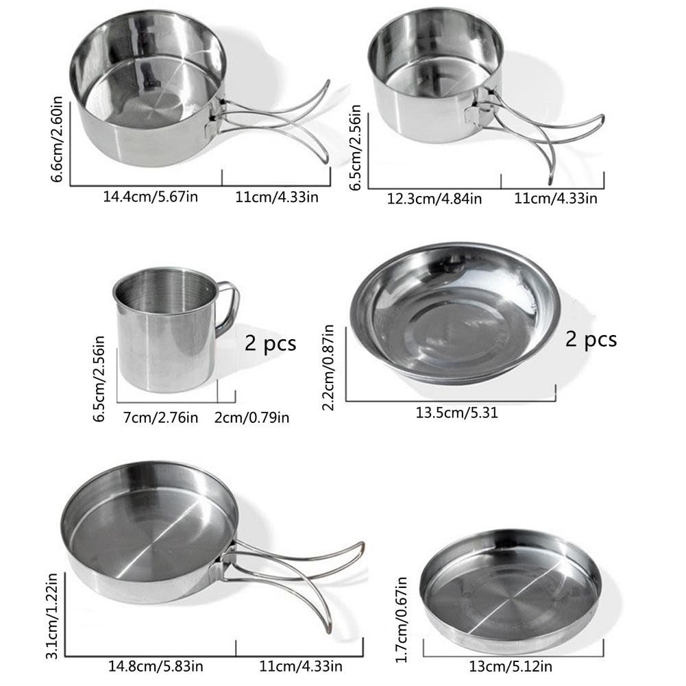 Gaderth Camping Cookware, 8PCS Camping Cookware Mess Kit, Mini Picnic Camping Cooking Mess Kit with Pot/Pan/Cups, Stainless Steel Cookware Kit for Outdoor Camping Backpacking Hiking Silver
