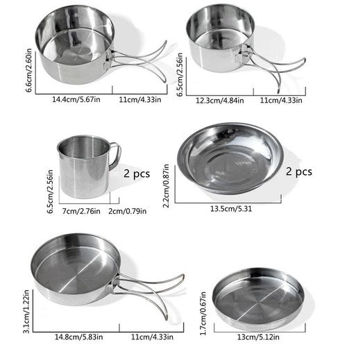 Gaderth Camping Cookware, 8PCS Camping Cookware Mess Kit, Mini Picnic Camping Cooking Mess Kit with Pot/Pan/Cups, Stainless Steel Cookware Kit for Outdoor Camping Backpacking Hiking Silver