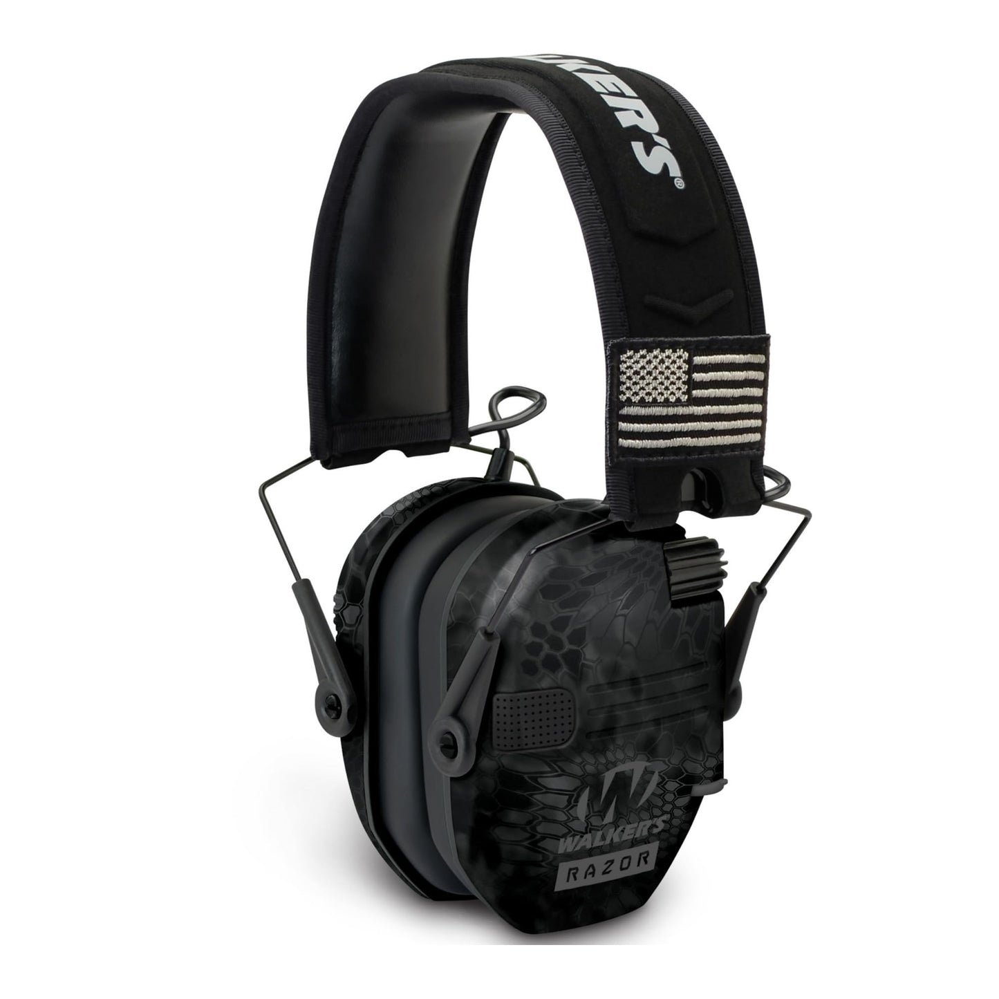 Walkers Razor Patriot Series Hi-Gain Omnidirectional Microphone Electronic Muffs (Kryptek Camo) Bundle with Walkie-Talkie Attachment, Protective Sport Glasses and Cleaning Cloth (4 Items)