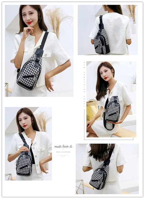 DAISHA Houndstooth Canvas Shoulder Casual Sling Bag Backpack Multi-pocket,Chest Bag Crossbody Daypack for Men Women. (Black)