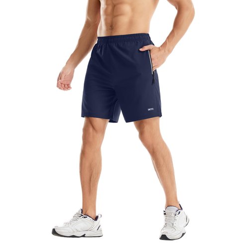INYO Mens Athletic Short Quick Dry Lightweight Running Shorts Zipper Pockets Breathable Tennis Shorts, Navy Blue, Large