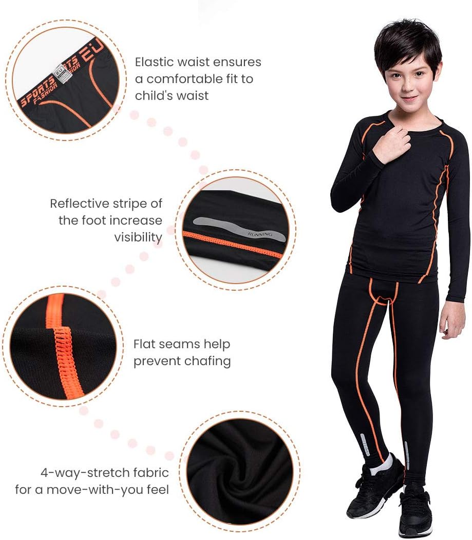 2/3/4 Pcs Boys Girls Base Layer Athletic Compression Leggings and Shirts Thermal Underwear Set Running Pants Tights