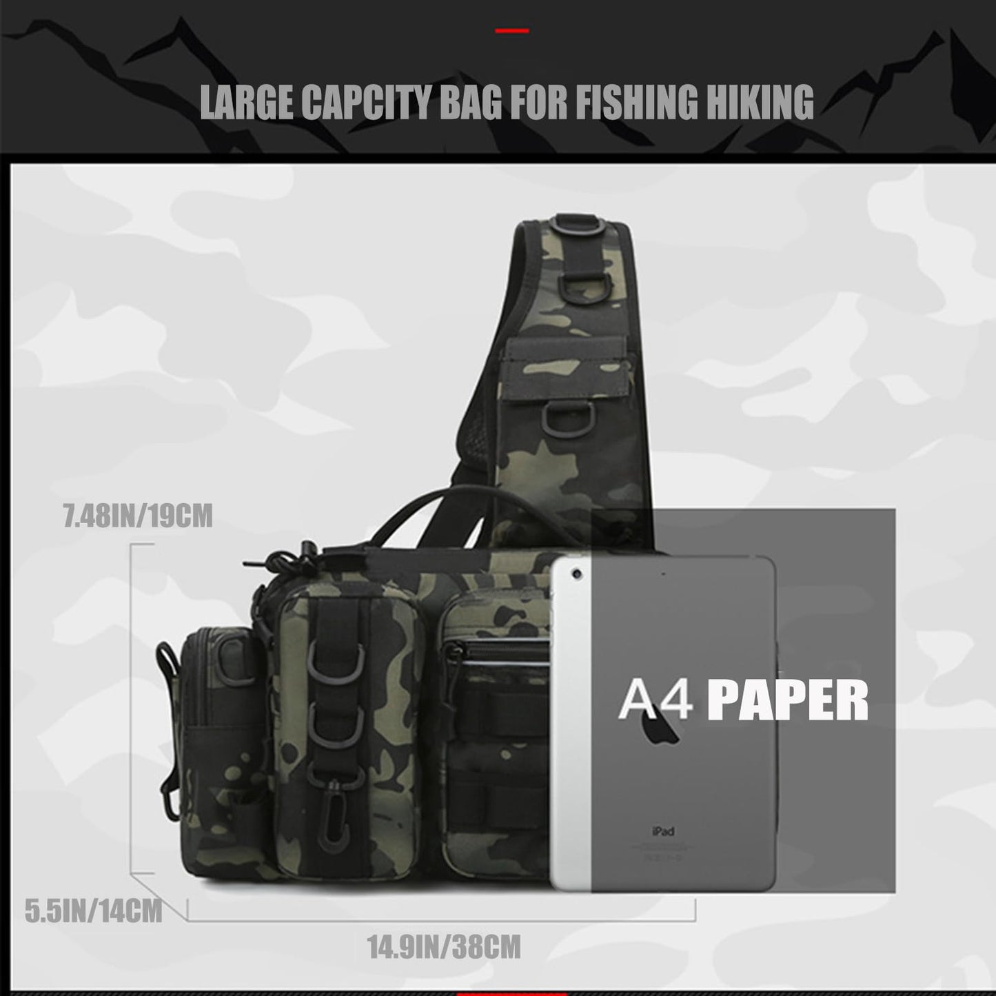 GGYCOB Fishing Tackle Storage Bag Fly Fishing Gear Pack Fishing Backpack for Men Sling Bag Shoulder Cross Body Fishing Bag with Rod Holder Hiking Waterproof Nylon (Black)