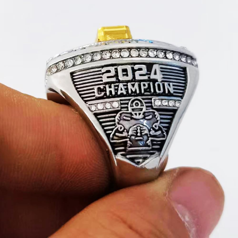 2024 Fantasy Football Championship Ring | Heavy FFL Champion Ring | Gold Silver Tone Plated Award Trophy for Fantasy Football League Winner (Ring and Stand Together, Size 10)
