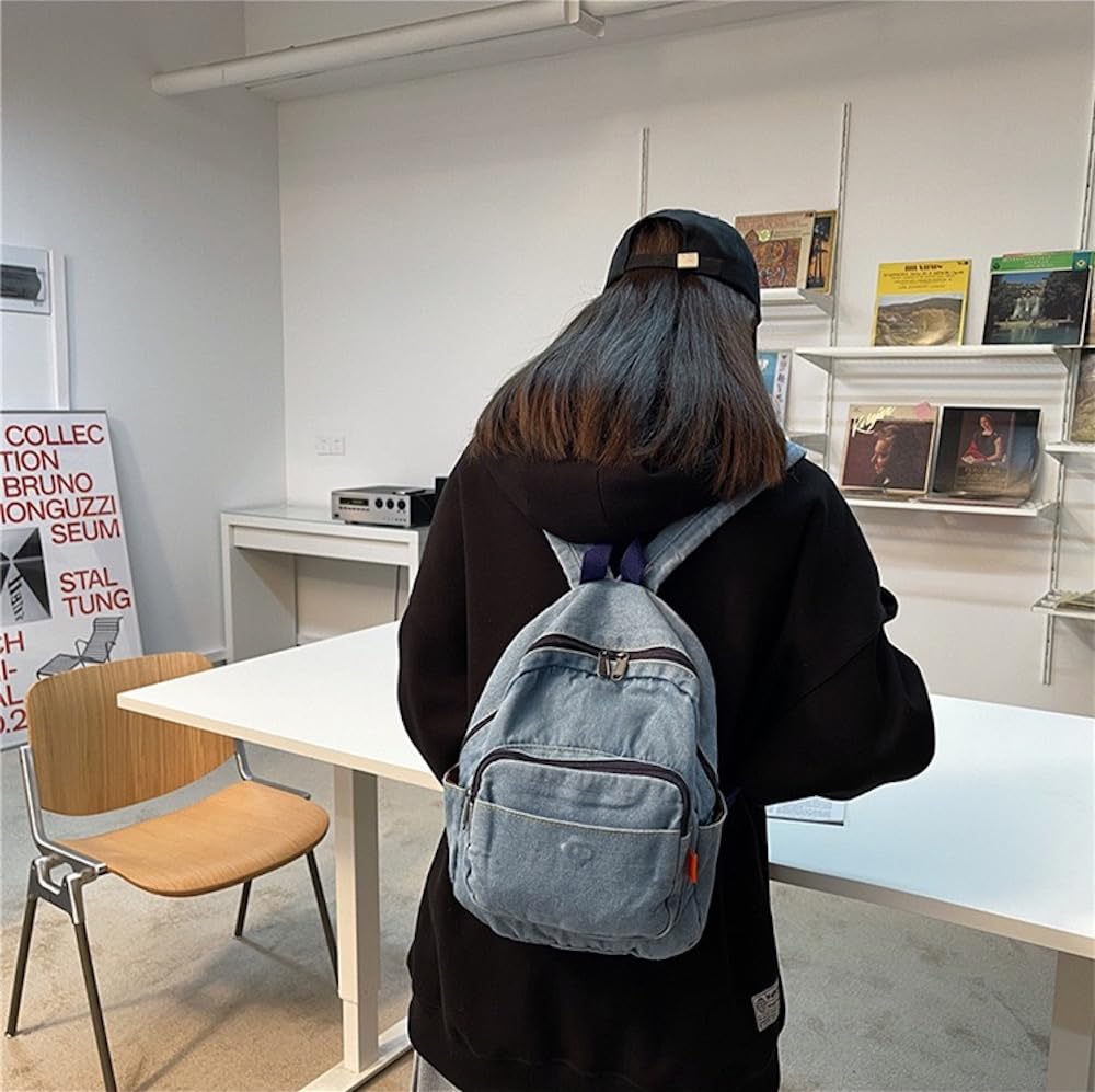 JHTPSLR Small Denim Backpack for Women Vintage Aesthetic Mini Denim Backpack Canvas Backpack Casual Daypack (Light Blue)