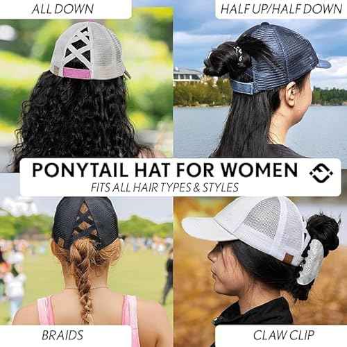 Funky Junque Ponytail Hat for Women - Baseball Cap with Adjustable Fit & High Pony Tail Criss Cross Back for Everyday Wear