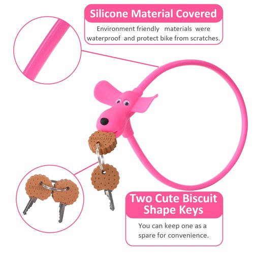 WOOQOTT Bike Cable Lock with Keys,Silicone Covered Kids Cable Lock Cartoon Lock,2 Feet Lock for Bike,Door,Skateboard,Helmet and More (Pink, Large)