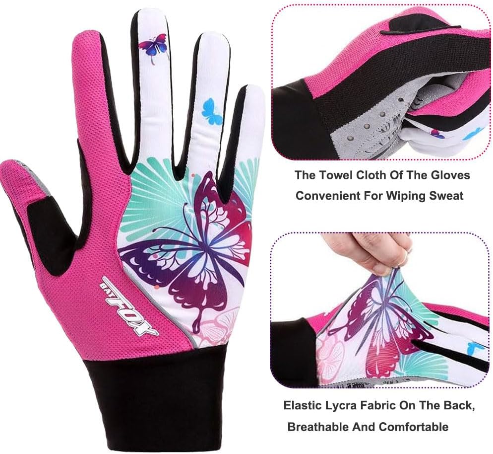 Pink Floral Cycling Gloves for Women | Full Finger Gel Padded Workout Gloves