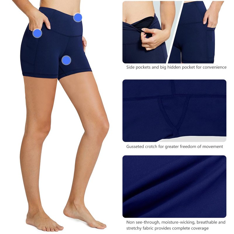 baleaf Biker Shorts Women Yoga Gym Workout Spandex Running Volleyball Tummy Control Compression with Pockets 5" 2-Pack Black/Navy Blue XS