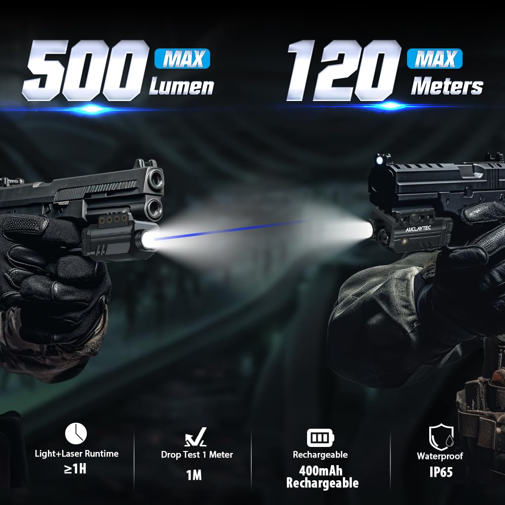 AUCLAYTEC Pistol Light Laser Combo with USB-C Charging, 500 Lumen Blue Beam Sight Tactical Flashlight for Subcompact Compact Pistol and Picatinny Rail