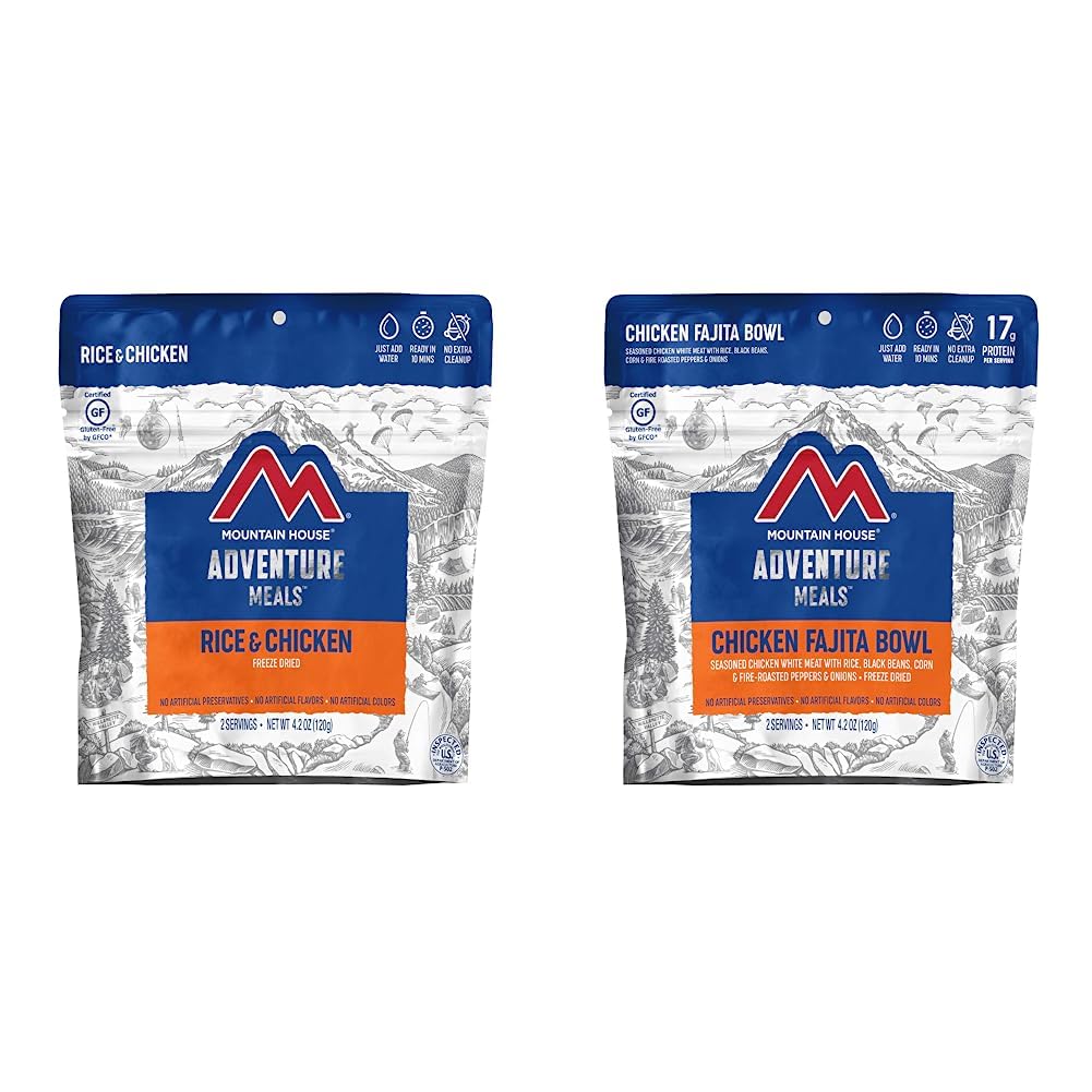 Mountain House Rice & Chicken + Mountain House Chicken Fajita Bowl | Freeze Dried Backpacking & Camping Food | 2 Servings Each