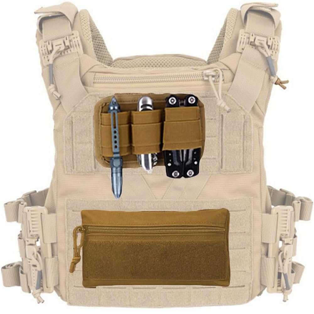 2pcs Tactical Tool Zipper Pouch EDC Elastic Organizer Holder, Expansion Pouch Utility Bag Insert Attachment with Hook Plate Backed, Storage Pocket Set for Tactical Vest Chest Rig Backpack (Black)