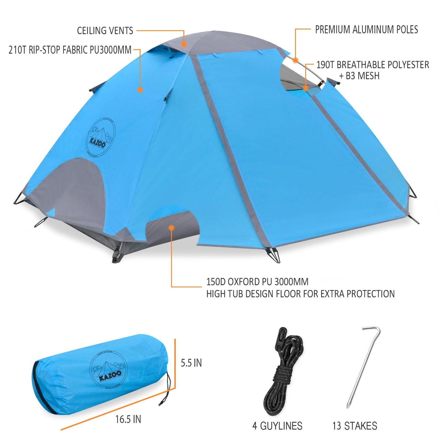 KAZOO Waterproof Backpacking Tent 2/3 Person Lightweight Camping Tents 2/3 People Hiking Tents Aluminum Frame Double Layer (2P Blue)