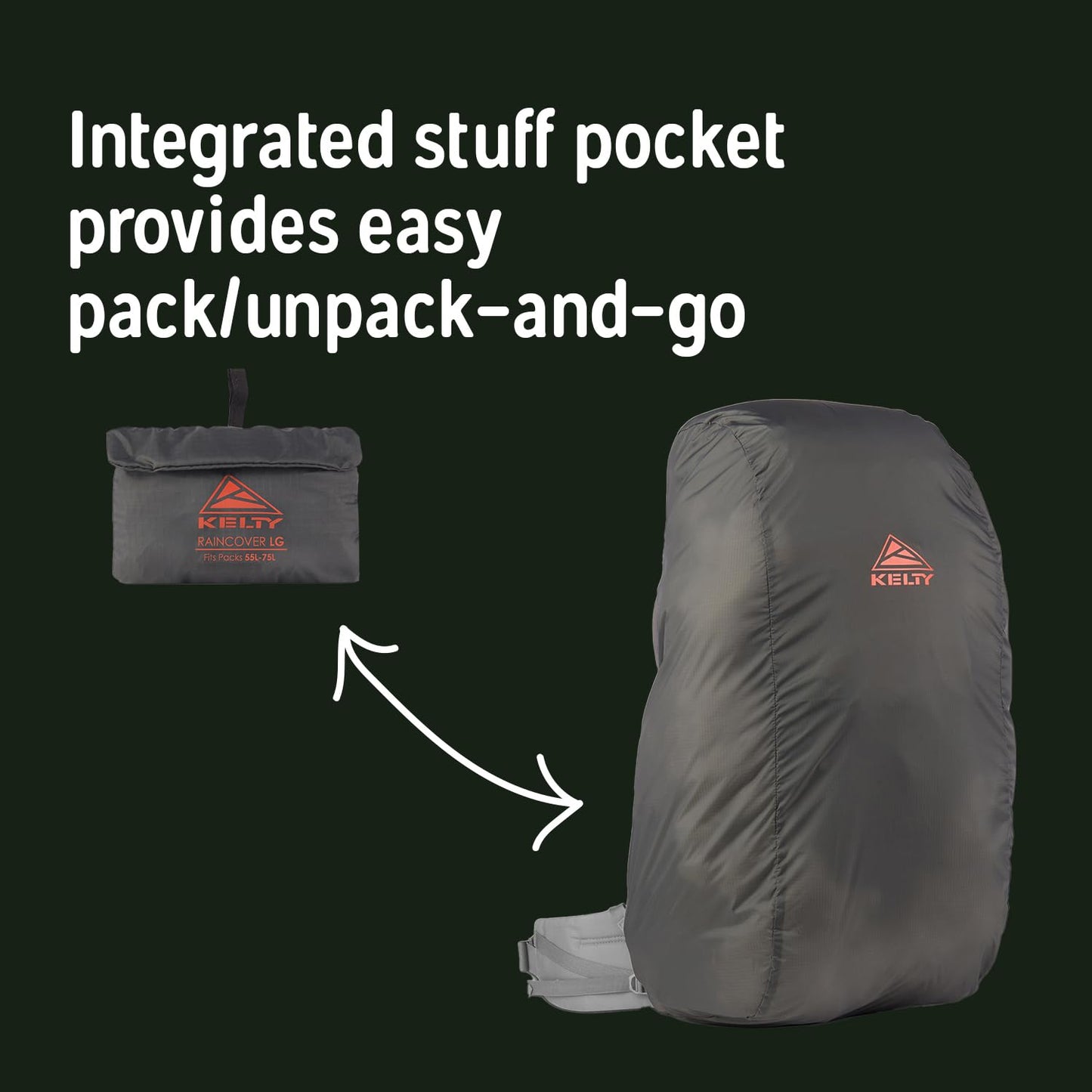 Kelty Backpack Rain Cover, Water Proof Cover for Hiking and Backpacking Packs 30 to 105 Liters, Elastic Cinch, Integrated Stuff Pocket, 2024 Update (Large (55-75L))