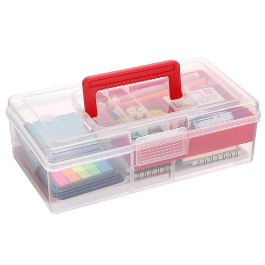 JUXYES Plastic Fishing Tackle Box Organizer with Removable Dividers, Clear Fishing Tackle Storage Boxes with Handle, 2 Layer Fishing Tackle Tray Box Lure Box, Red