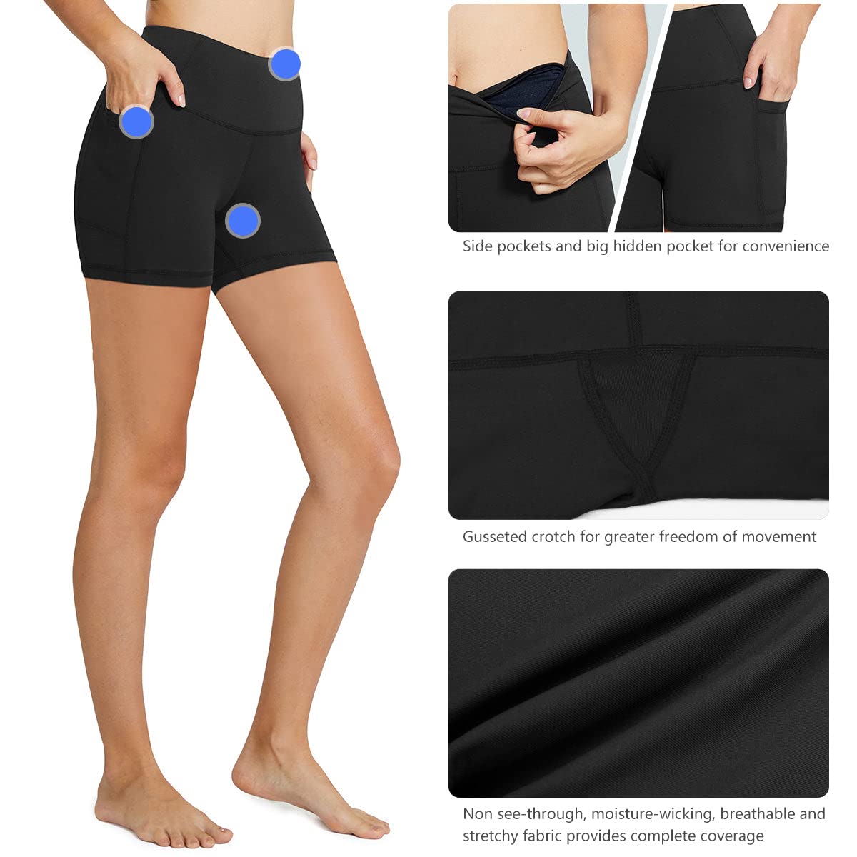 baleaf Biker Shorts for Women 5" Workout Yoga Gym Spandex Running Volleyball Compression Tummy Control Short with Pockets Black XXXL