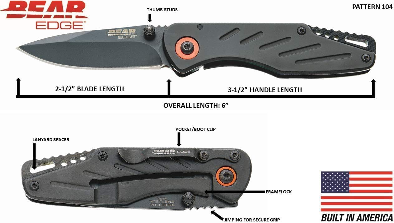 Bear Edge 3-3/8 in. Framelock Folding Knife, 440 High Carbon Stainless Steel Blade, Black Steel Handles, Assisted Opening and Pocket/Boot Clip (61104)
