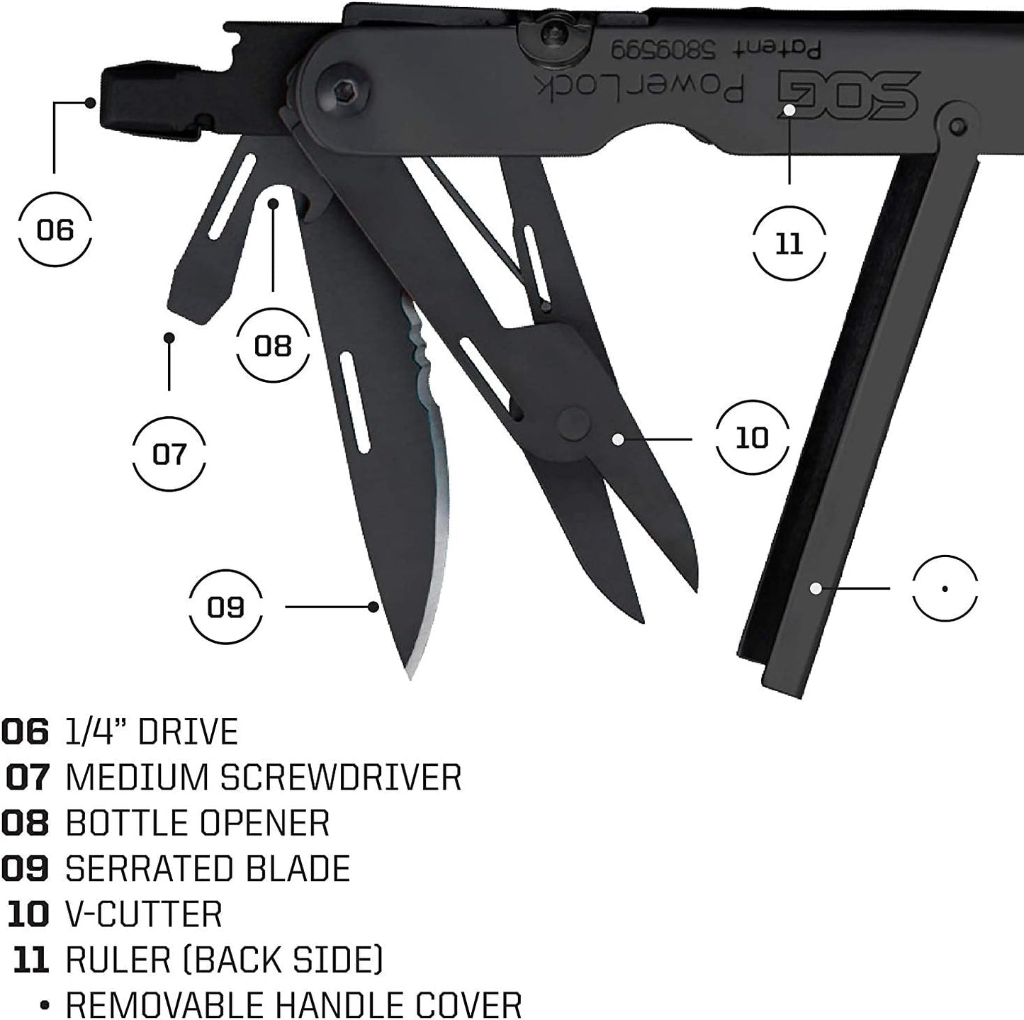 SOG PowerLock Multi-Tool- Compound Leverage Technology with EOD Crimper Device, 420 Stainless Steel Body, 18 Lightweight Specialty Tools (B61N-CP) , Black