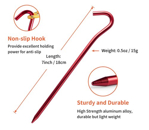 GOTTE 12 PCS Metal Tent Stakes Tent Pegs with Hook for Camping Ground Rug Party Tarp (7 Inch)