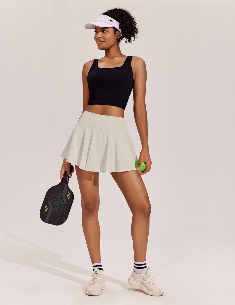 PINSPARK 14" Skorts for Woman Pleated Athletic Skirts with Pockets Mini Golf Skirt Lightweight Active Skirt, Bone White Small