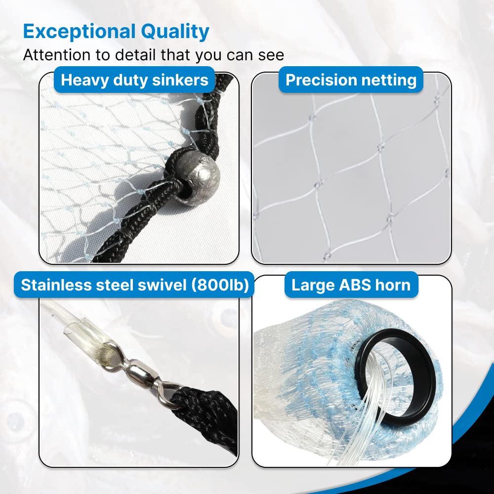 BasicGear Pancake Cast Net, 6ft Radius with 3/16 inch Mesh, Pure Lead 1.25 LB for Freshwater and Saltwater, Professional Grade and Upgraded Material, Throw Style for Bait Trap Fish