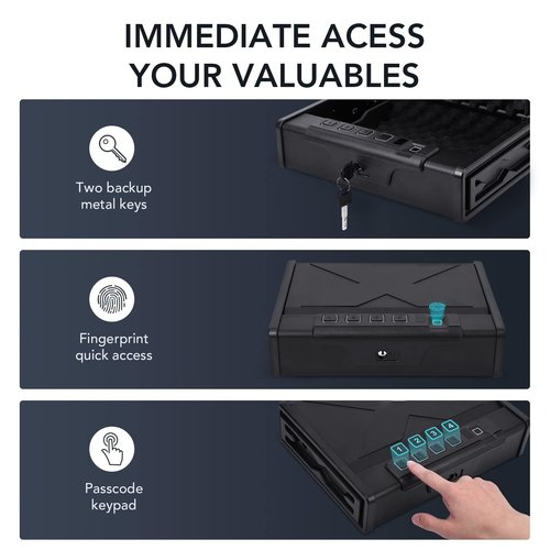 Towallmark Biometric Gun Safe for Pistols, Quick Access Firearm Safety Handgun Safe with Fingerprint Identification Digital Keypad Key and Mute Mode for Bedside Nightstand Drawer Car