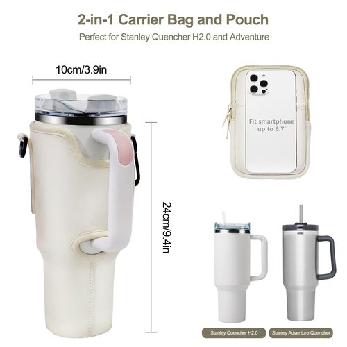 Royacon Water Bottle Carrier Bag with Pouch Pocket for Stanley Cup 40 Oz Tumbler, Neoprene Cup Carrier Holder Water Bottle Holder Pouch with Adjustable Strap & Carabiner for Stanley Cup Accessories
