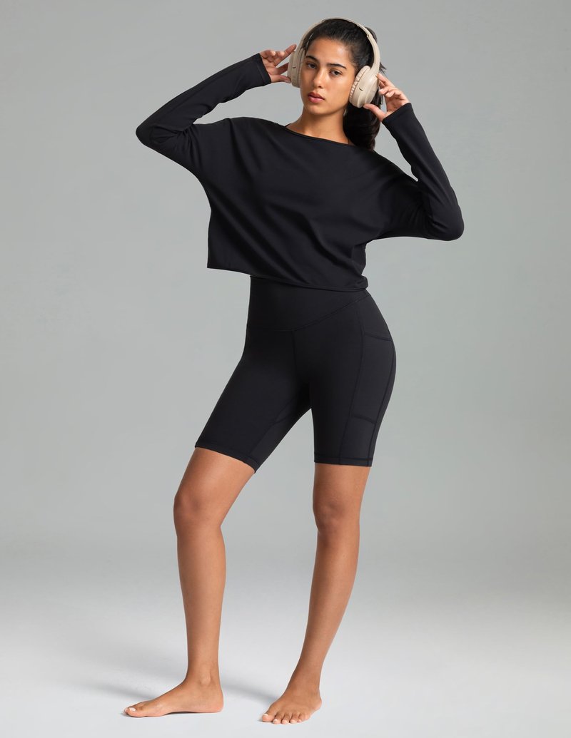 Colorfulkoala Women's High Waisted Biker Shorts with Pockets - 10" Inseam Workout Yoga Shorts Running Tights (L, Black)