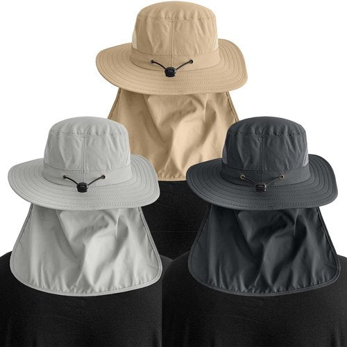 IYEBRAO 3 Pack Mens UV Protection Sun Hat with Neck Flap Summer Foldable Mesh Boonie Cap for Fishing Hiking Garden Work (3 Pack-Dark Grey&Light Grey&Khaki)
