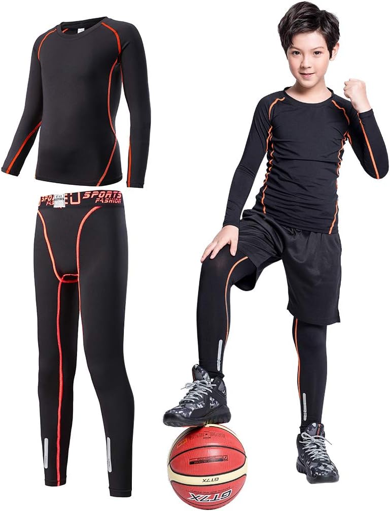 2/3/4 Pcs Boys Girls Base Layer Athletic Compression Leggings and Shirts Thermal Underwear Set Running Pants Tights