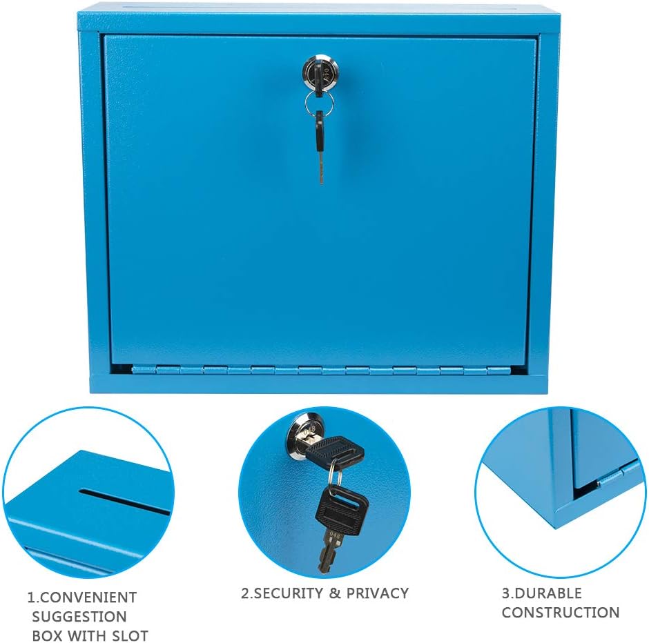 KYODOLED Suggestion Box with Lock and Slot, Small Locking Mailbox for Office, Wall Mount Safe Money/Key Drop Box with 50 Free Suggestion Cards, 9.8" W x 3" D x 7" H, Black
