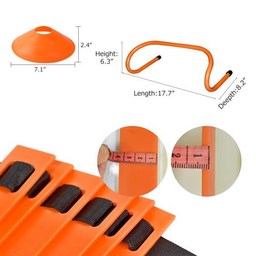 TNZMART Agility Ladder and Sport Hurdles Training Set with 10 Plastic Sport Cones Adjustable Ladder for Training (Orange,6 Hurdles)