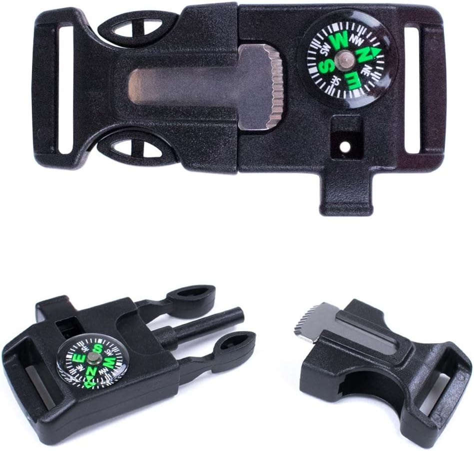 3/4 Inch Survival Buckle - Emergency Whistle, Flint Scraper, Compass, and Fire Starter - Available in 5, 10, 25 Packs