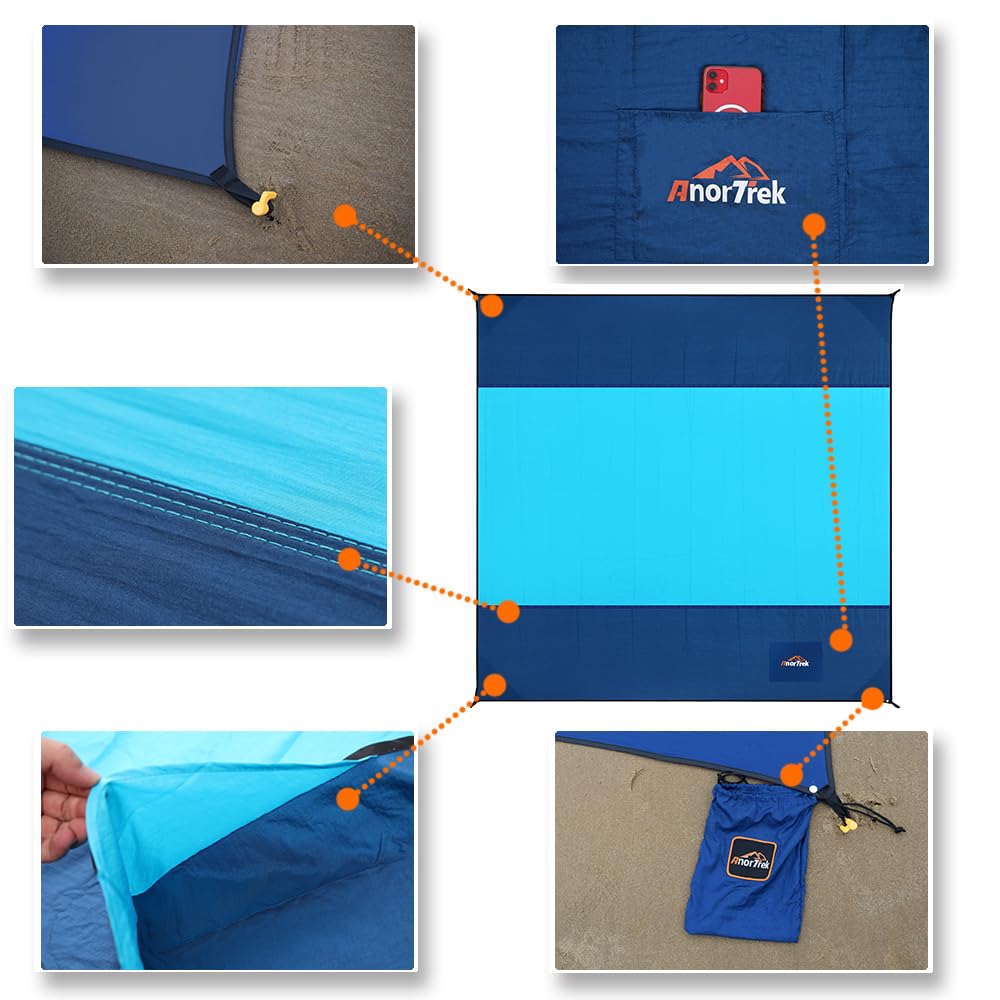AnorTrek Beach Blanket Sandproof, Extra Large Beach Mat, Sand Free Mat Quick Drying, Lightweight, Soft & Durable Mat for Beach, Yard (Dark Blue & Blue, 10 x 10 FT (1~9 Person))