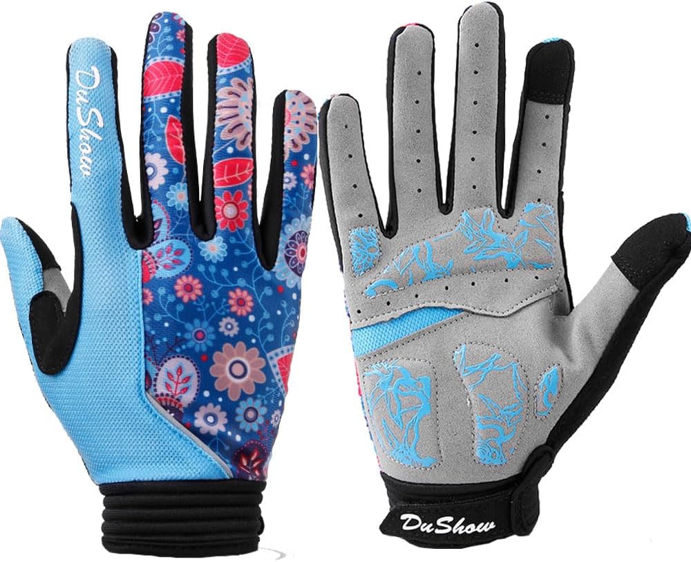 Pink Floral Cycling Gloves for Women | Full Finger Gel Padded Workout Gloves