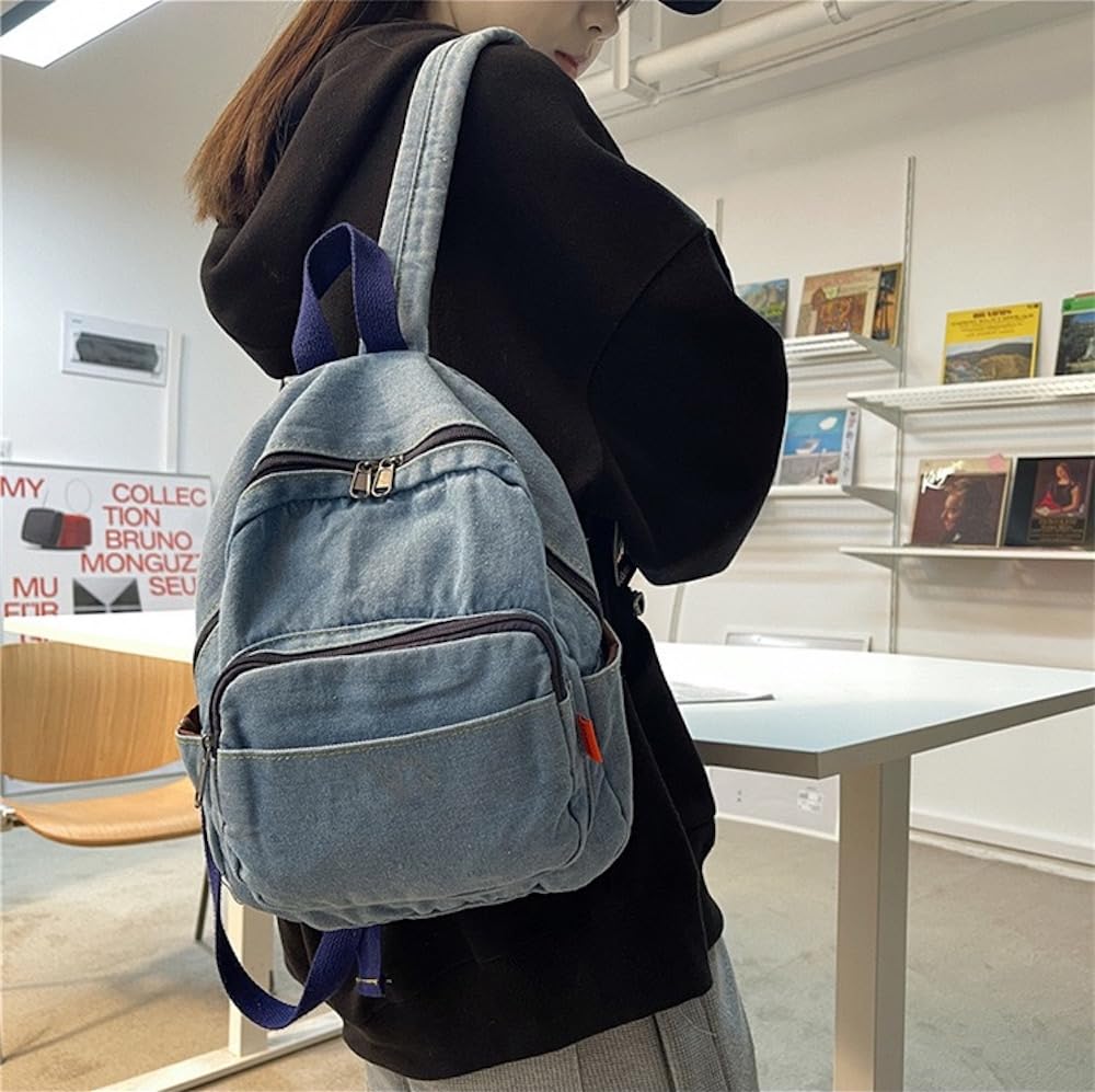 JHTPSLR Small Denim Backpack for Women Vintage Aesthetic Mini Denim Backpack Canvas Backpack Casual Daypack (Light Blue)