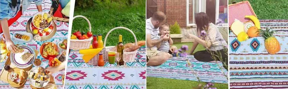 EXELNT Extra Large Outdoor Picnic Blankets Waterproof, for The Beach, Camping Travelling on The Grass, Park Blanket, Rolling Up Packaging,Portable Carring, 79" x 79" Picnic Mat - Aksu Style (Green)