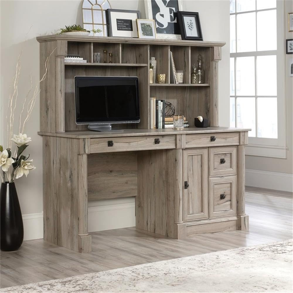 Pemberly Row Contemporary Wood Computer Desk with Hutch in Cherry