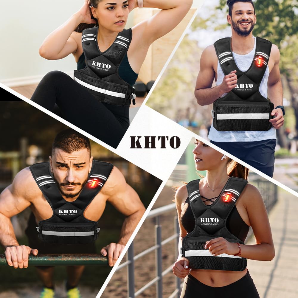 KHTO Adjustable Weighted Vest for Men and Women – X Shaped Weight Vest with Warning Light, Reflective Strip – Weighted Walking Vest Strength Training Weight Vests for Home, Gym (4-10lb)