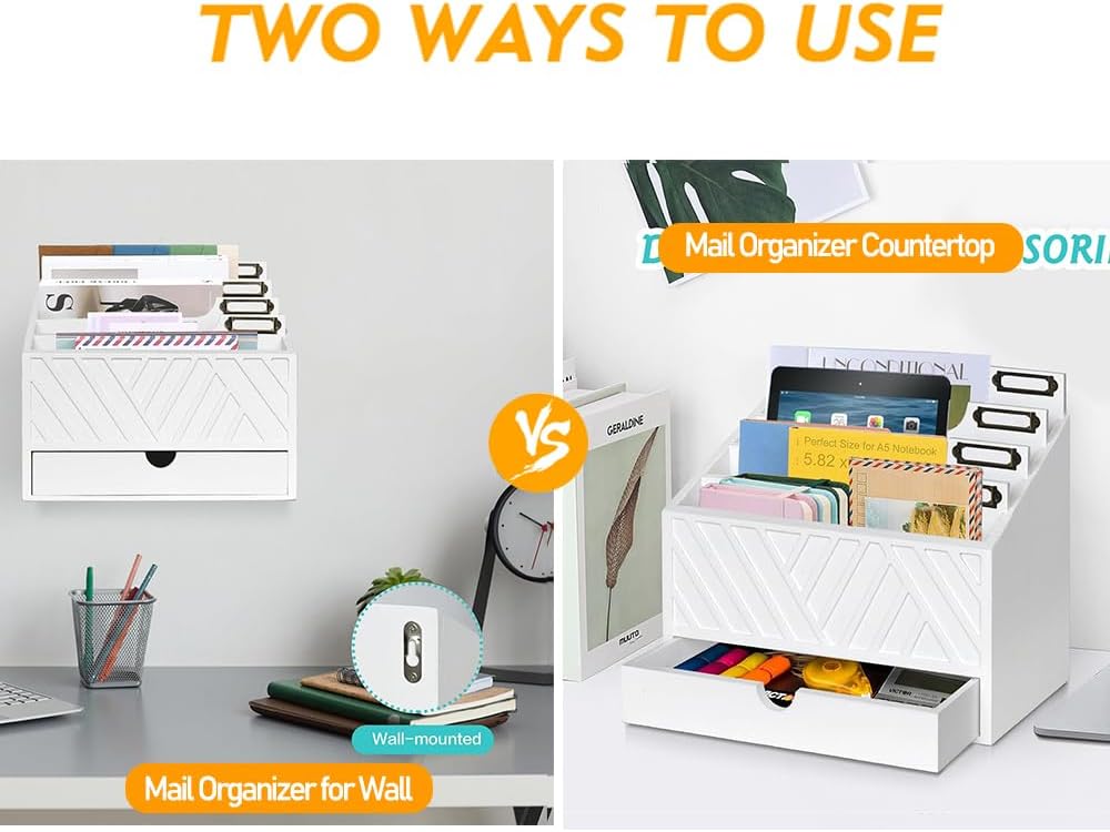 Mail Organizer for Countertop with 4 Compartments and Drawer, Wood Desktop Mail Organizer for File Letter Paper Folder, Desk Drawer Organizer, Black