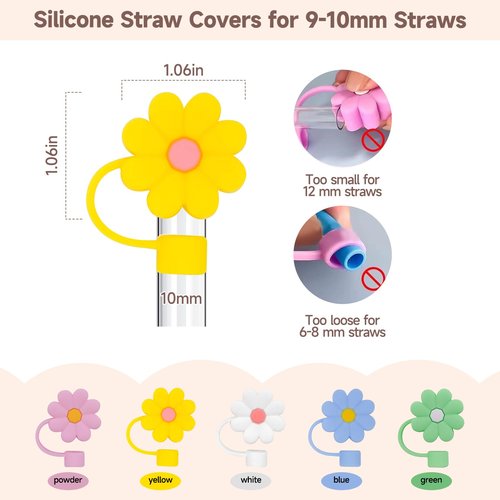 5 Pcs Silicone Flower Straw Covers Cap ,Cute Toppers Compatible with Stanley Cup 20 30 40 Oz,Dust-Proof Protector Plugs,Reusable Drinking Tips Lids,Water Bottle Accessories for Traveling