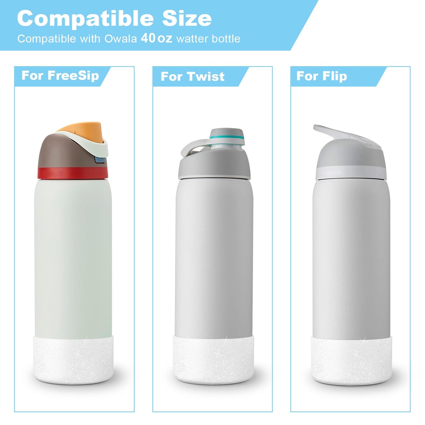 2PCS Glitter Silicone Boot for Owala Water Bottle 24 oz 32 oz 40 oz, Anti-Slip Protective Sleeve for Owala Twist,FreeSip and Flip Stainless Steel Water Bottle, BPA-Free, Dishwasher Safe, Accessories
